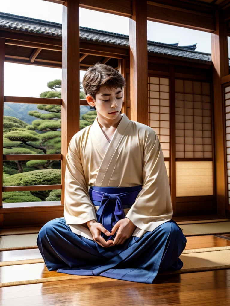 Highest Resolution,Highest quality,A beautiful young boy in hakama sitting in meditation with his eyes closed,Wooden floor,Japanese-style house,Veranda,whole body,front,Beautiful face,