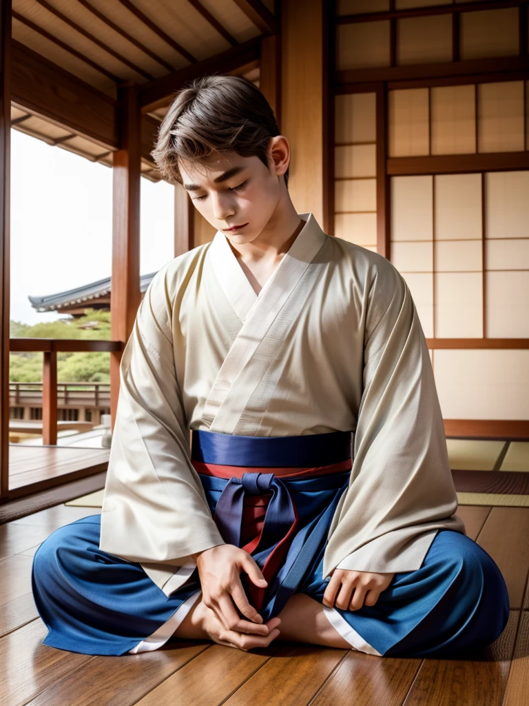 Highest Resolution,Highest quality,A beautiful young boy in hakama sitting in meditation with his eyes closed,Wooden floor,Japanese-style house,Veranda,whole body,front,Beautiful face,