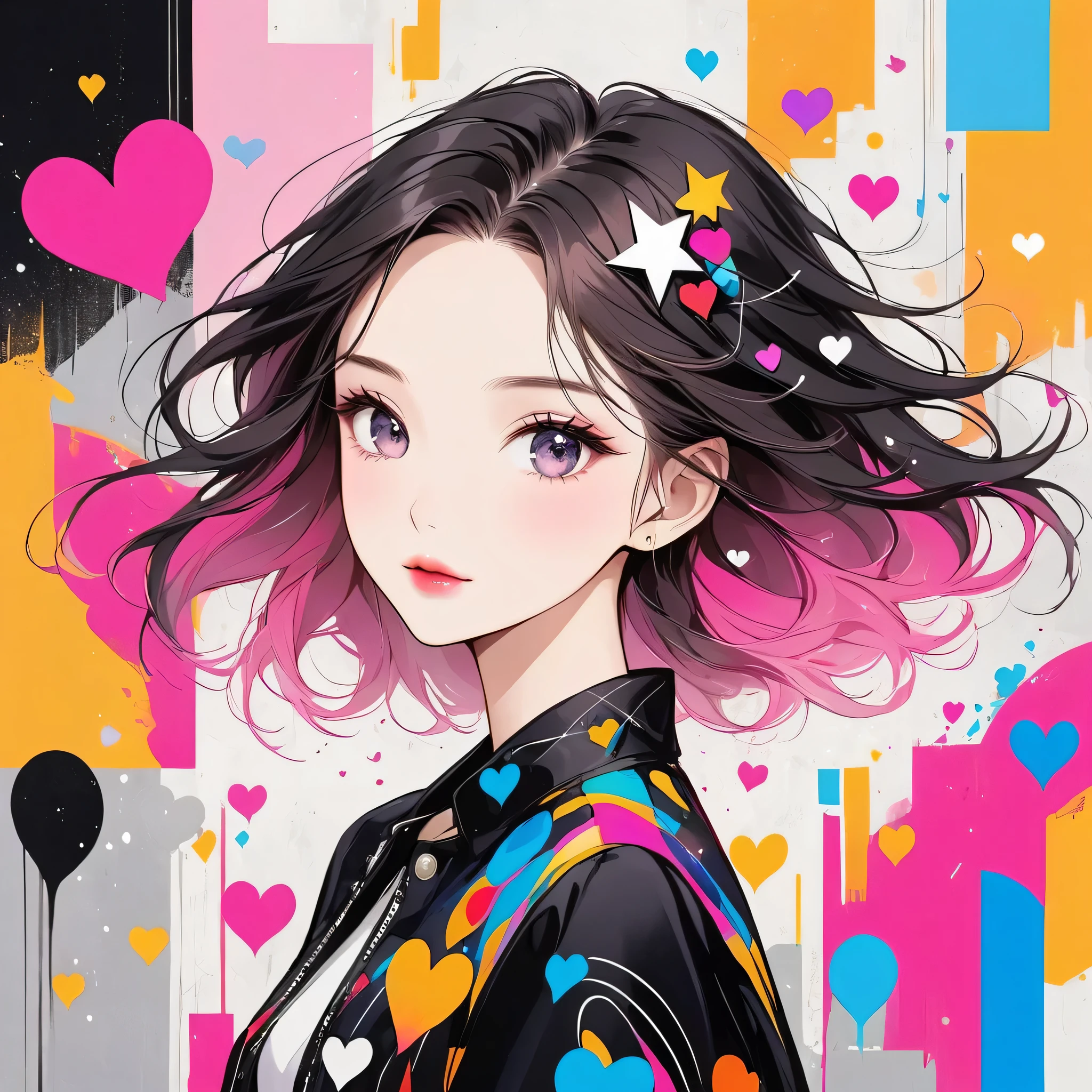 Black Star Pink and White style, Simple Line Initialism,Abstract art,Urban Background, (((The most beautiful girl of all time))), Sweet face. Lips in love, colorful hearts, stylish design