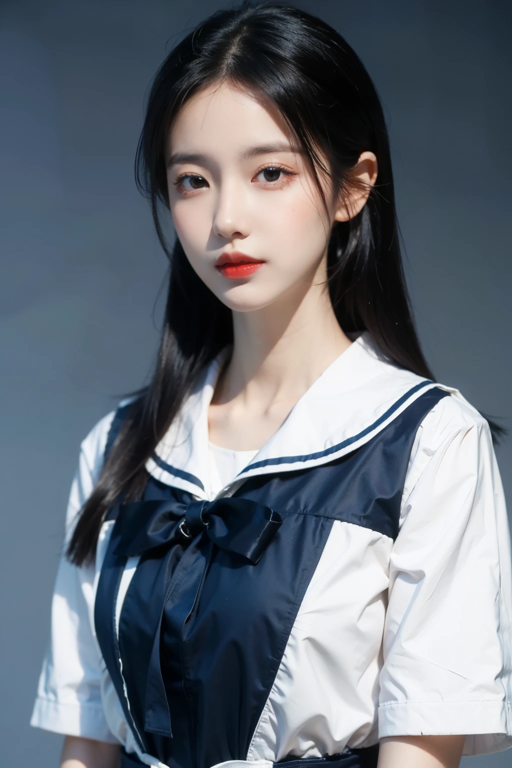 ((Highest quality)), ((masterpiece)), (detailed), One girl, glamorous、Black Hair、long hair、tie、whole body、Black Hair、Straight Hair、Sailor suit、Navy blue outfit
