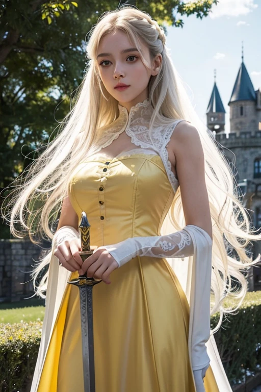  1.60, short curly hair, slim, flat bust, redhead, with punches on the face, yellow victorian dress, in the castle garden, at night, scared.