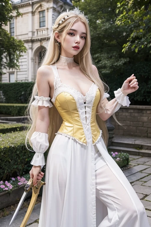 , Lovely, very long hair, White color, completely curly, slim, flat bust, with punches on the face, yellow victorian dress, whole body, in the castle garden, at night, holding a sword in his hand.