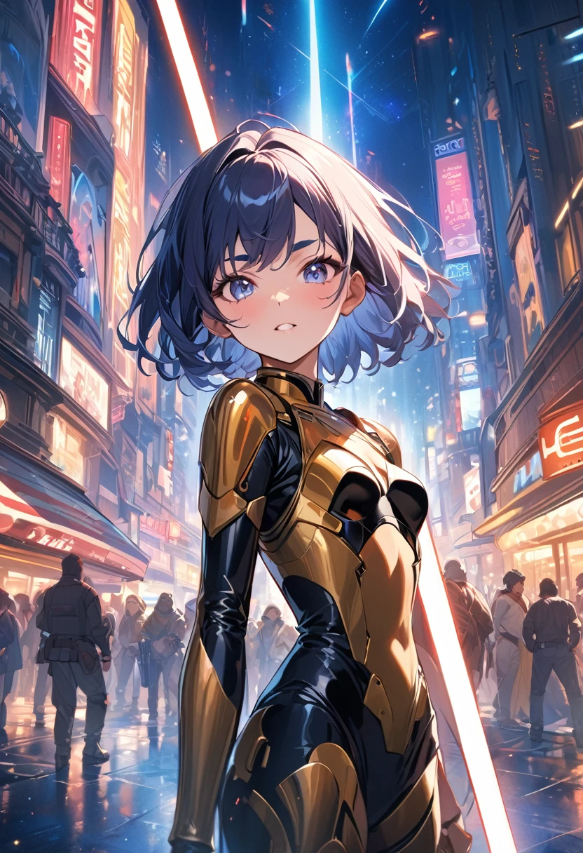 (masterpiece, best quality,ultra highres), (movie poster cover art of "star wars"),In the center of the poster, the new heroine holds her lightsaber in the air,(girl,16yo,(darkblue wavy-short hair),thick eyebrows,middle small breasts),(wearing C3PO suit),