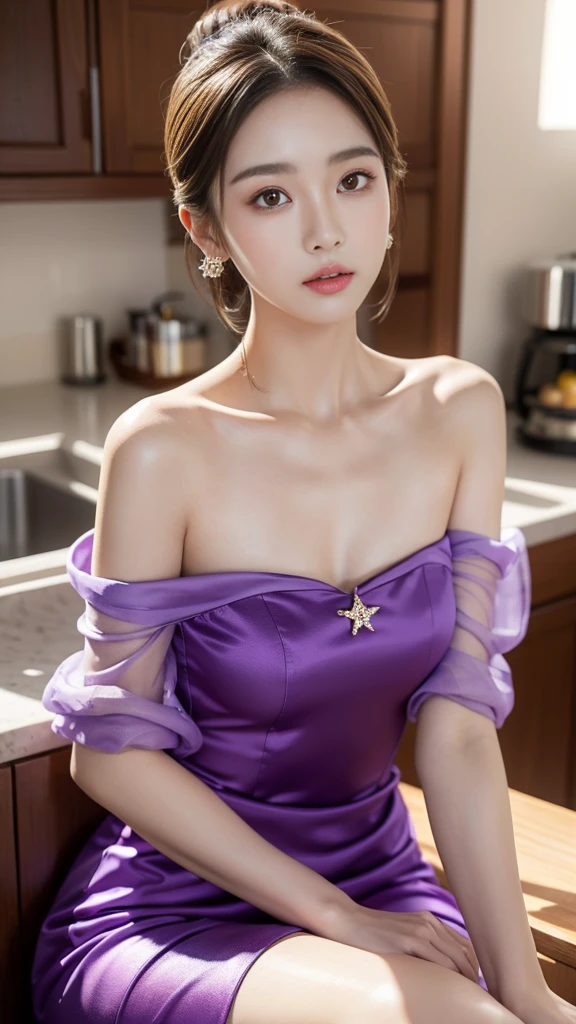 araffe woman in a Purple dress sitting on a counter, Beautiful young Korean woman, Purple dress, Purple top, Korean fashion female model, Dilraba Dilmurat, Clara，pretty, 年轻pretty的的韩国女人, Beautiful Korean woman, Wearing a purple tube top dress, Beautiful Chinese model, Cui Xianhua, Huang Shishi, Lee Ji-eun，{Perfect proportion}，{Perfect facial features}，{{Angelic face}}，{{{Star temperament}}}，Beautiful big Eye，Eye，Beautiful facial features，Photorealism, real, elegant dress，High society woman，Detailed description，pretty的，high quality，Beautifully，rich and colorful，Crystal clear，Super refined，Exquisite makeup，Blonde short hair，panoramic，Moderate，bright，Lively，