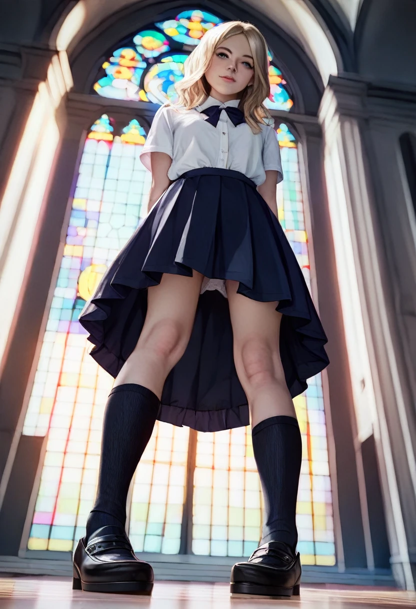 Masterpiece, Best Quality, Hyper realistic, cinematic photo, 12 year old girl, pale skin, Italian amazing slim body, A white blouse, black pleated skirt, white knee high socks, black school shoes, long blonde hair, big legs, perfect hands, beautiful face, Perfect face, youth, (blurred background), modern style, from below, (low angle shot), standing, imposing, Leaning forward, petticoat session, (View viewer), looking at the viewer,(8k, epic composition, photorealistic, sharp focus), Sophisticated background, church exterior background, DSLR, aluminum grain, Illuminate from the bottom and without underwear 
