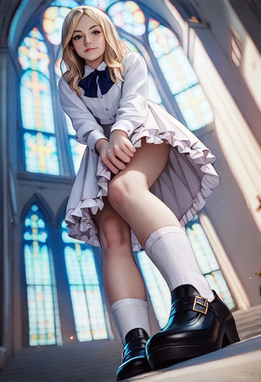 Masterpiece, Best Quality, Hyper realistic, cinematic photo, 12 year old girl, pale skin, Italian amazing slim body, A white blouse, black pleated skirt, white knee high socks, black school shoes, long blonde hair, big legs, perfect hands, beautiful face, Perfect face, youth, (blurred background), modern style, from below, (low angle shot), standing, imposing, Leaning forward, petticoat session, (View viewer), looking at the viewer,(8k, epic composition, photorealistic, sharp focus), Sophisticated background, church exterior background, DSLR, aluminum grain, Illuminate from the bottom and without underwear 