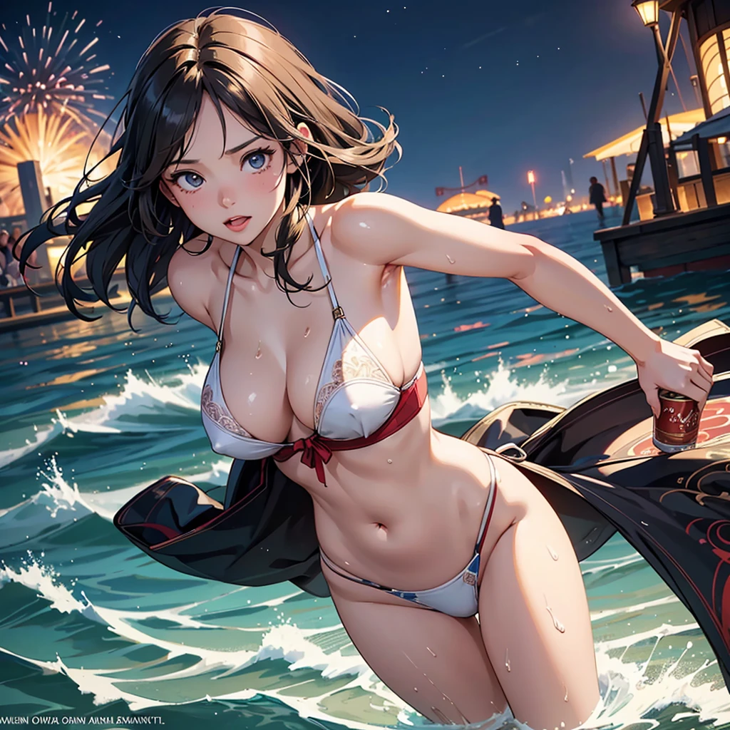 NSFW, sexy, erotic, A young woman in a beautiful swimsuit is enjoying the evening of a sea festival, intoxicated by a few cans of beer. In the background are colorful bonfires, spectacular fireworks, and a large crowd of people dancing the Bon Odori dance. The women are glamorously drunk and playing in the water. Although her swimsuit is boldly disheveled and her movements are dazed, the angle of the shot emphasizes her beauty and charm. The splashing and bobbing water is beautiful. The scene is rendered in a very detailed animation style, and every detail of the sea festival is delicately and boldly rendered. The masses of people around her gazing happily at her. The details are rich and delicate, beyond the limits of normal resolution and image quality. In addition, every detail is vividly colored, featuring dynamic poses, sharp focus, dramatic lighting, and realistic anatomical expressions that are extremely detailed and realistic in the highest quality, ultra-high definition design. --realistic anatomy, --max --rt --high_quality --ultra_detail --intricate_design --extremely_detailed --hyper_realistic --zenith