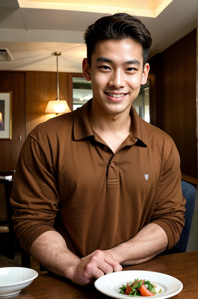 (best quality, 4K, 8k, high resolution, Masterpiece: 1.2), Special details, (realistically, As realistic as a photo, photo realistic: 1.37), Edge lighting, Extra detailed coloring, sharp focus, Physical rendering ,Extremely detailed description,professional,light color,Bokeh,Portrait,look at the viewer,
Young Asian man, 20 years old ,(wearing a brown polo shirt), smile ,dining room