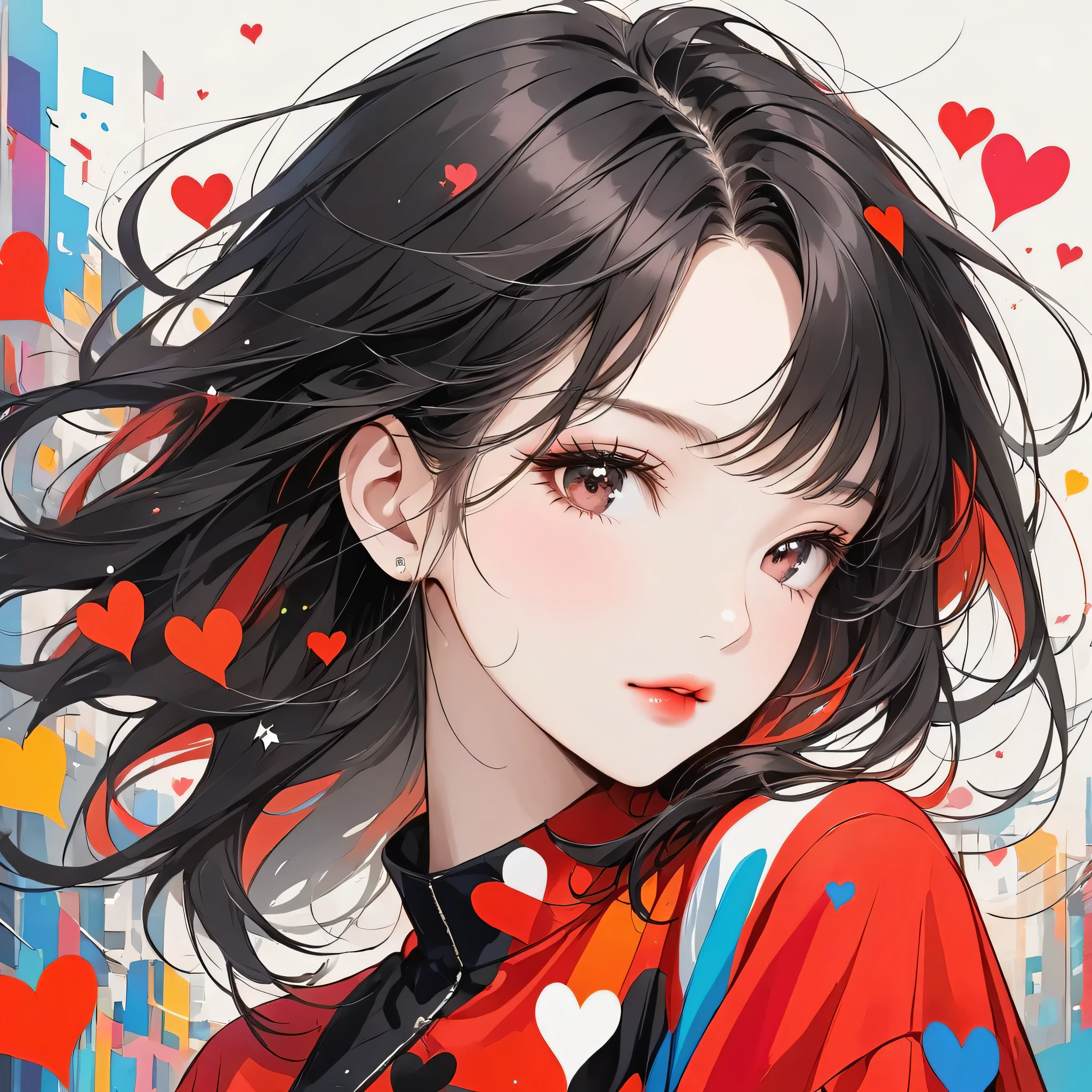 Black Star Red and White style, Simple Line Initialism,Abstract art,Urban Background, (((The most beautiful girl of all time))), Sweet face. Lips in love, colorful hearts, stylish design