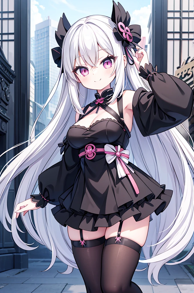 Anime-style image of a woman with white hair and black clothing, Cute 3D anime girl render, Cute anime waifu in a nice dress, Anime VTuber Full Body Model, Anime girl in a black dress, Gothic Maiden Anime Girl, Highly detailed characters, Official character art,Onmyoji,ghost,smile
