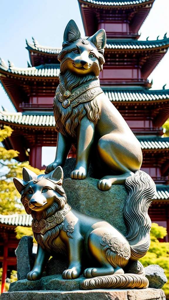high quality、Traditional Asian architecture in the background、Pointed Ears、god々Shii、Impressive、Textured fur pattern、looking at the camera、Stone statue、Real、動きそうなStone statue、There are many tails、Have a keen eye、Create an exquisitely detailed stone fox sculpture with life-like features。