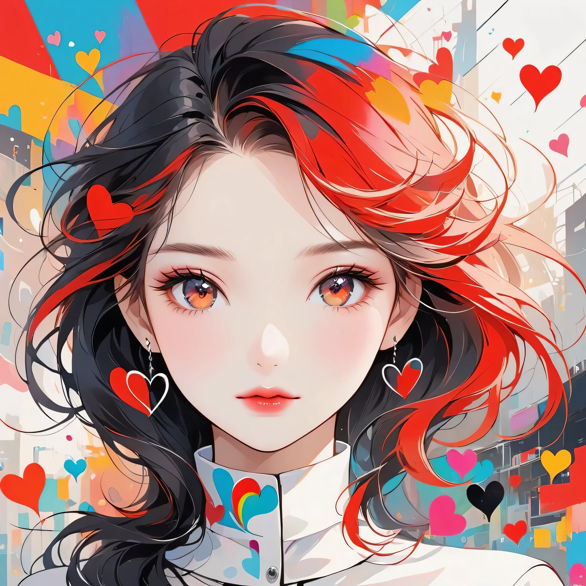Black Star Red and White style, Simple Line Initialism,Abstract art,Urban Background, (((The most beautiful girl of all time))), Sweet face. Lips in love, colorful hearts, stylish design