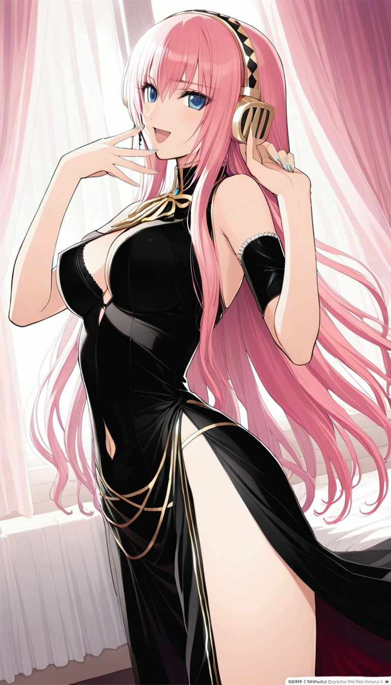 masterpiece,Detailed and beautiful depiction 1.1,Official Art,Beautiful adult woman ,Megurine Luka,Megurine Lukaの公式衣装,headphone,Black costume with gold decoration,Pink long hair,blue eyes,smile,Open your mouth,Mr.々A seductive pose,Bedroom