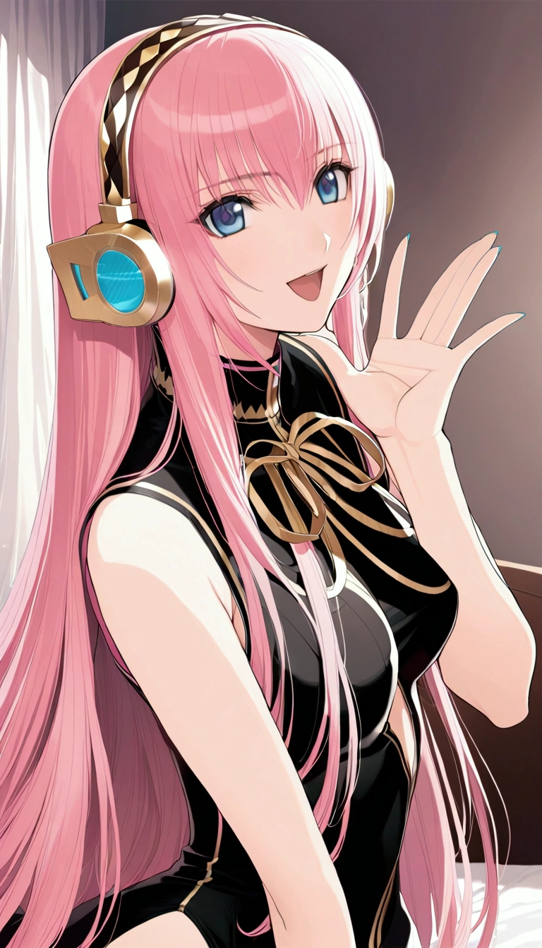 masterpiece,Detailed and beautiful depiction 1.1,Official Art,Beautiful adult woman ,Megurine Luka,Megurine Lukaの公式衣装,headphone,Black costume with gold decoration,Pink long hair,blue eyes,smile,Open your mouth,Mr.々A seductive pose,Bedroom