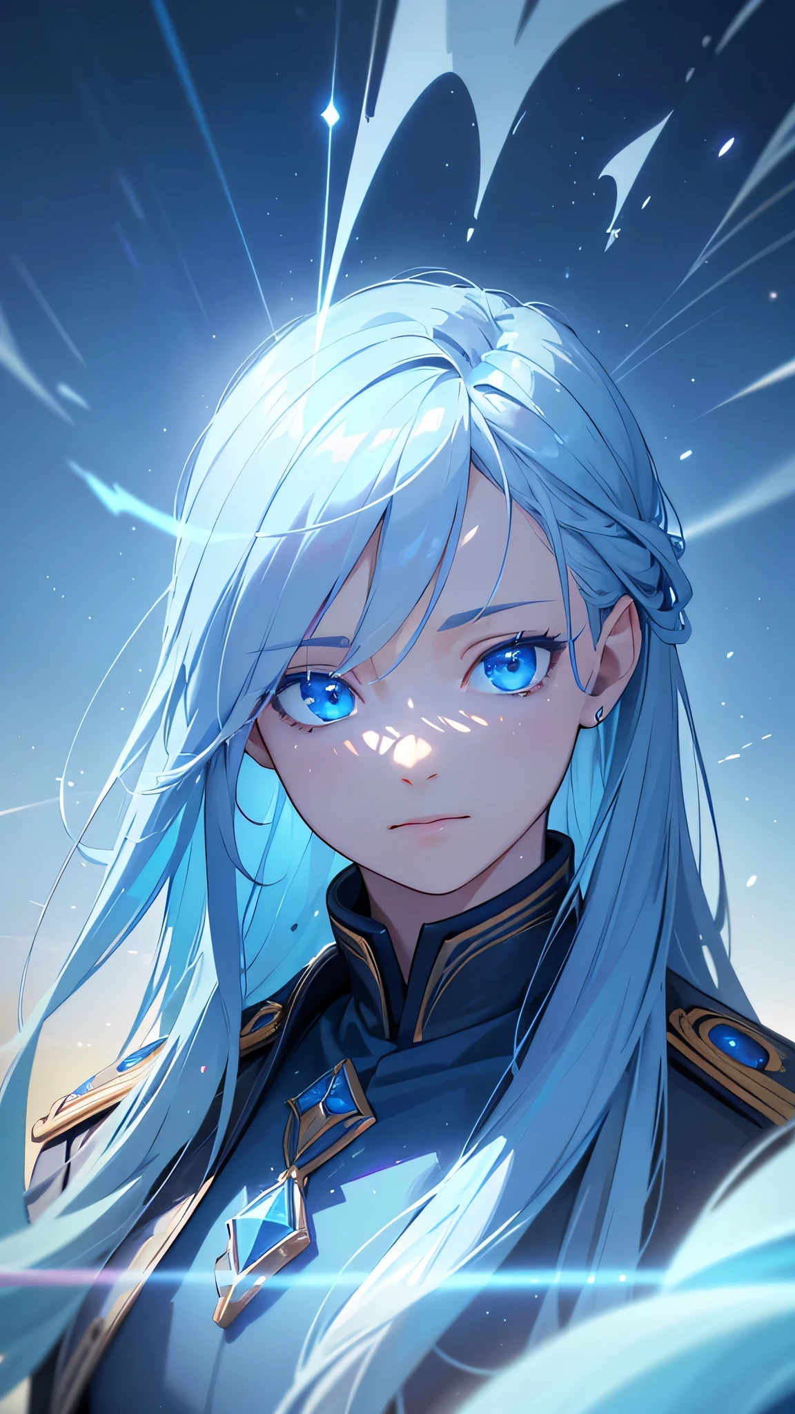 a beautiful detailed blue deity, striking sky blue eyes, detailed blue military uniform, vast blue sky, calm blue ocean, shimmering particles of light, (best quality,4k,8k,highres,masterpiece:1.2),ultra-detailed,(realistic,photorealistic,photo-realistic:1.37),cinematic lighting,dramatic atmosphere,vibrant colors,intricate details,exquisite digital art