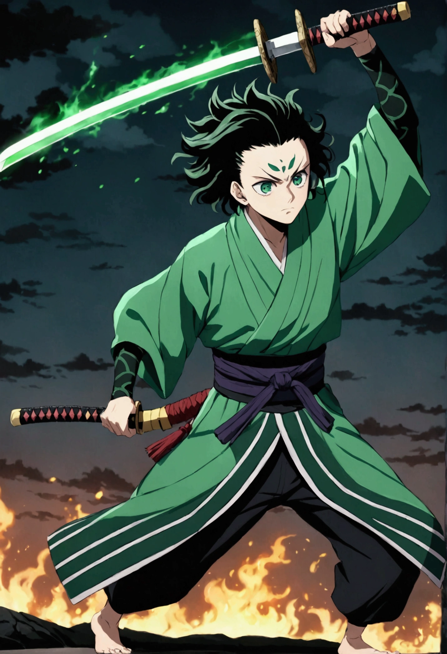 One guy, Kimetsu no Yaiba, katana, toxic breathing style, green clothes, green eyes, sword slash, green sword aura, night backround, fixed arms, detailed arms and katana, human version, toxic aura swing, clip, anime scene, walking, movement capture, mascular body, fighting scene