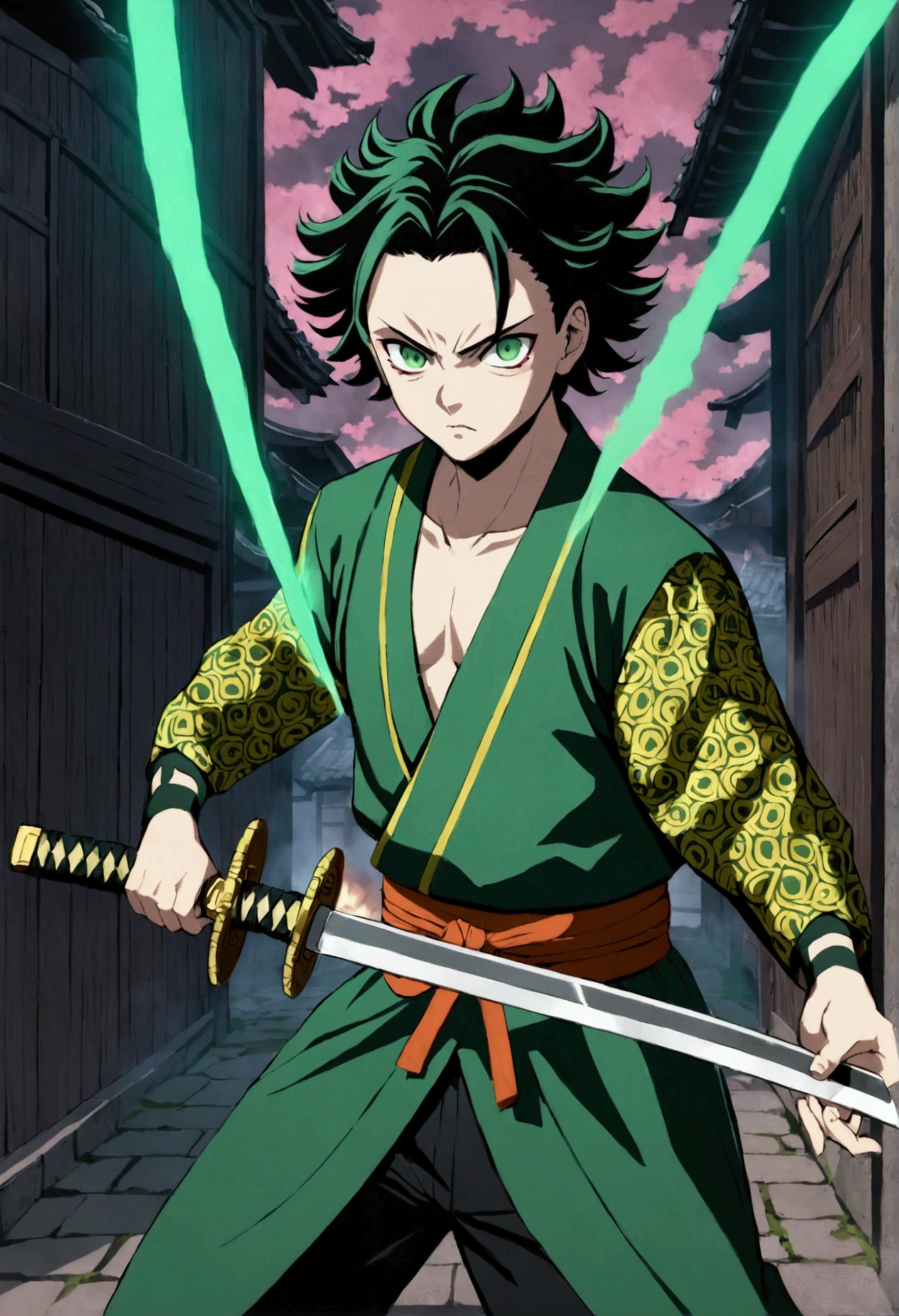 One guy, Kimetsu no Yaiba, katana, toxic breathing style, green clothes, green eyes, sword slash, green sword aura, night backround, fixed arms, detailed arms and katana, human version, toxic aura swing, clip, anime scene, walking, movement capture, mascular body, fighting scene 