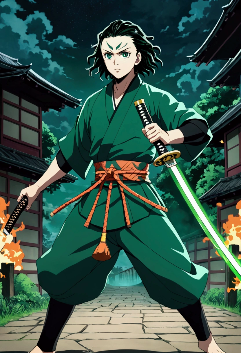 One guy, Kimetsu no Yaiba, katana, toxic breathing style, green clothes, green eyes, sword slash, green sword aura, night backround, fixed arms, detailed arms and katana, human version, toxic aura swing, clip, anime scene, walking, movement capture, mascular body, fighting scene