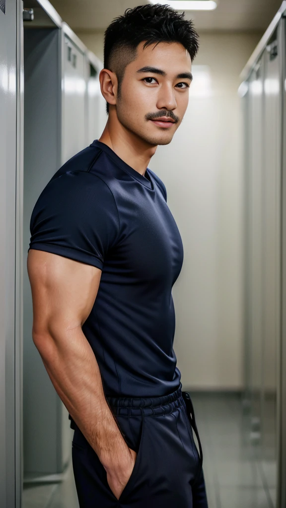Masterpiece, best quality, high resolution, realistic, handsome, Take beautiful photos, Photo of the 35 year old gym association (The man has a thin mustache.) ,Full body, Portrait, Standing in the locker room, make military media, weight, Amazing , Buzzcut short hair,stubble head , (Hyper Muscle),looking at the audience, Flirt with the camera, charming, (Tight navy blue workout shirt. Cargo pants ),(GS-Male:1), 8k,Bokeh,Portrait,look at the viewer, smile