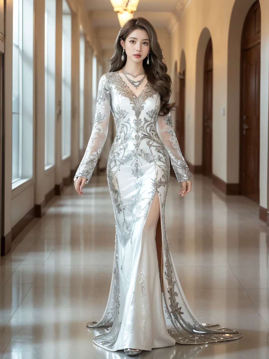 best quality,masterpiece,ultra high resolution,(In fact:1.4),original photo,ultra high resolution，8k，There is a woman，fashion，winter，confident and beautiful，calm temperament，whole body，distance，long legs,((hair with loose waves inside:1.2)),((Silver Necklace＿big earrings:1.2)),((very long brown hair:1.2))、((Strongly blurred beautiful office hallway background:1.1)、The most natural and perfect office hallway、Perfectly organized hallway、((Flowing white dress decorated with intricate silver embroidery_long sleeves_thin:1.3))