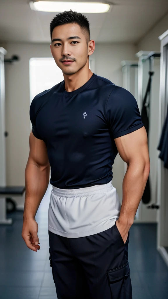Masterpiece, best quality, high resolution, realistic, handsome, Take beautiful photos, Photo of the 35 year old gym association (The man has a thin mustache.) ,Full body, Portrait, Standing in the locker room, make military media, weight, Amazing , Buzzcut short hair,stubble head , (Hyper Muscle),looking at the audience, Flirt with the camera, charming, (Tight navy blue workout shirt. Cargo pants ),(GS-Male:1), 8k,Bokeh,Portrait,look at the viewer, smile
