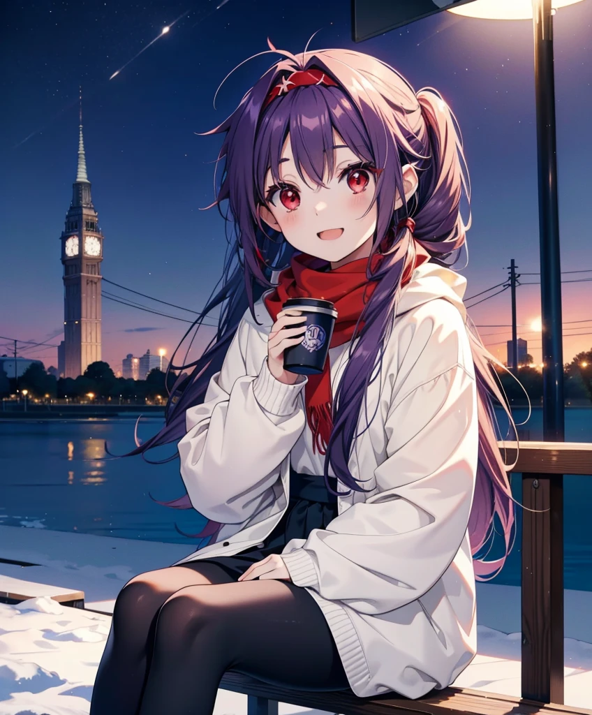 yuukikonno, Konno Yuuki, Long Hair, Pointed Ears, Purple Hair, (Red eyes:1.5), (Small breasts:1.2), Open your mouth,happy smile, smile, Open your mouth,hair band,low twin tail,Red Scarf,Oversized purple hoodie,Long skirt,Black pantyhose,short boots,Holding a paper cup of coffee in both hands,Sitting on a bench,snowが降っている,snowが降り積もっている,snow,snow,snow,snow,snowが積もった木,winter,Cold Sky,night,whole bodyがイラストに入るように,
break looking at viewer, whole body,
break outdoors, garden,
break (masterpiece:1.2), Highest quality, High resolution, unity 8k wallpaper, (figure:0.8), (Beautiful attention to detail:1.6), Highly detailed face, Perfect lighting, Highly detailed CG, (Perfect hands, Perfect Anatomy),