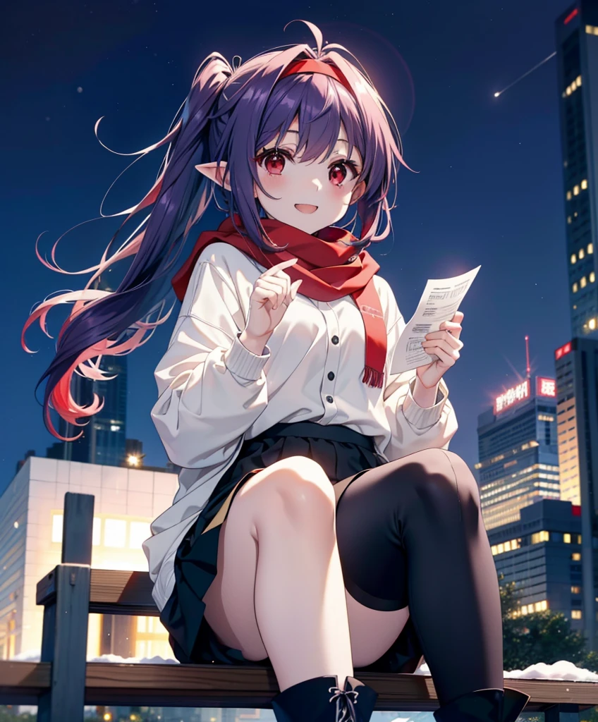 yuukikonno, Konno Yuuki, Long Hair, Pointed Ears, Purple Hair, (Red eyes:1.5), (Small breasts:1.2), Open your mouth,happy smile, smile, Open your mouth,hair band,low twin tail,Red Scarf,Oversized purple hoodie,Long skirt,Black pantyhose,short boots,Holding a paper cup of coffee in both hands,Sitting on a bench,snowが降っている,snowが降り積もっている,snow,snow,snow,snow,snowが積もった木,winter,Cold Sky,night,whole bodyがイラストに入るように,
break looking at viewer,  whole body,
break outdoors, garden,
break (masterpiece:1.2), Highest quality, High resolution, unity 8k wallpaper, (figure:0.8), (Beautiful attention to detail:1.6), Highly detailed face, Perfect lighting, Highly detailed CG, (Perfect hands, Perfect Anatomy),