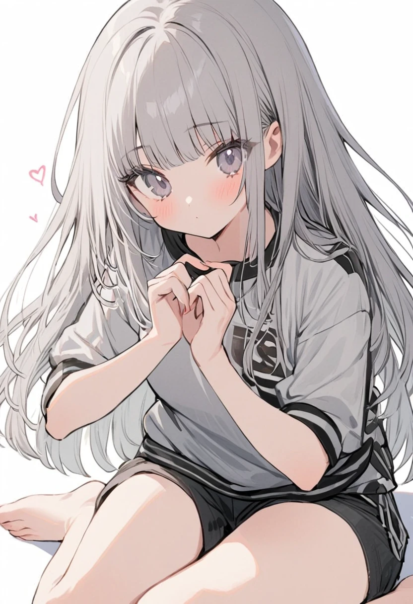 One Girl、Subculture clothes、Gray Hair、Straight Hair、Sitting、White and grey clothes、Jersey、Shorts、Showing bare feet、Making a heart with both hands、White background