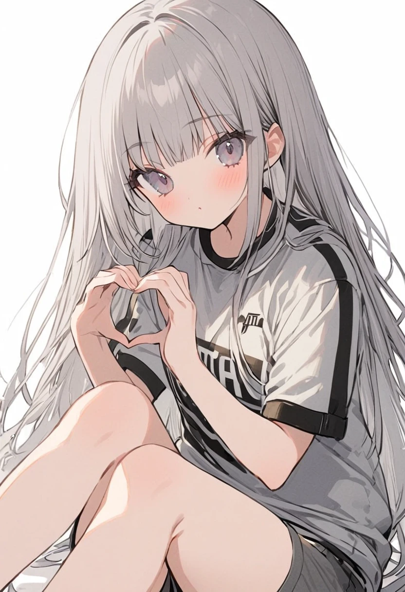 One Girl、Subculture clothes、Gray Hair、Straight Hair、Sitting、White and grey clothes、Jersey、Shorts、Showing bare feet、Making a heart with both hands、White background