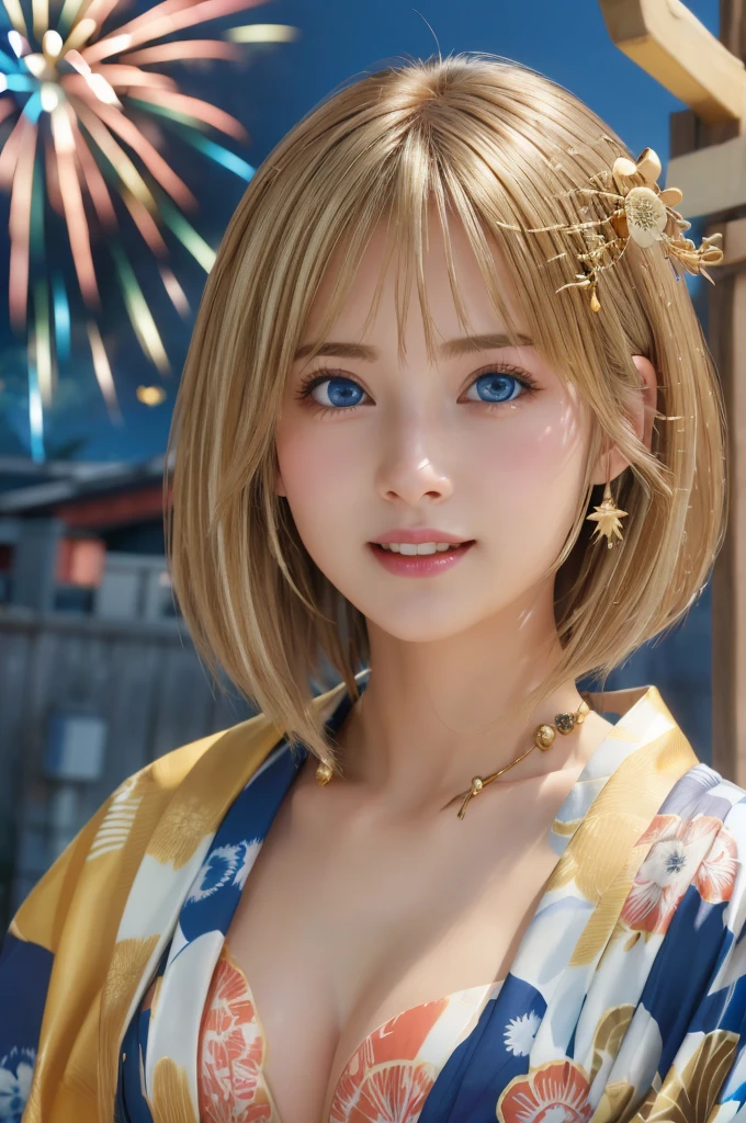 Tabletop、Realistic、Highest quality、Highest quality、masterpiece、Ultra-high resolution、RAW Photos、Realistic、Bright lighting、Face Light、Smooth Professional Lighting、Highest quality、masterpiece、Ultra-high resolution、(Photorealistic:1.4)、RAW Photos、Detailed CG image quality, (Fireworks display:1.4)、Beautiful poop、One Girl、Japanese、18-year-old、(blue eyes:1.2)、Pink lipstick、Laughter、(Golden Hair:1.4)、Sunburned skin、(hair ornaments:1.4), (Short length yukata:1.4)、Cleavage、Detailed portrait、8K quality、Concept Art、A dramatic, cinematic atmosphere、(Japanese Shrines:1.2)、Sharp focus、Blurred foreground、Blurred Background:1.3、(Angle from directly below:1.4)、