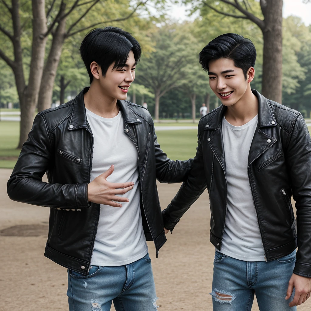 realistic digital photography art, detailed, 3d. A handsome young man with a Korean face is standing in the park, looking at himself with a different appearance. One had straight black hair, wearing a white shirt and blue jeans; the other had short, under-cut hair, wore a black t-shirt, leather jacket and ripped jeans. shake hands with each other with their faces looking at the camera and smiling.