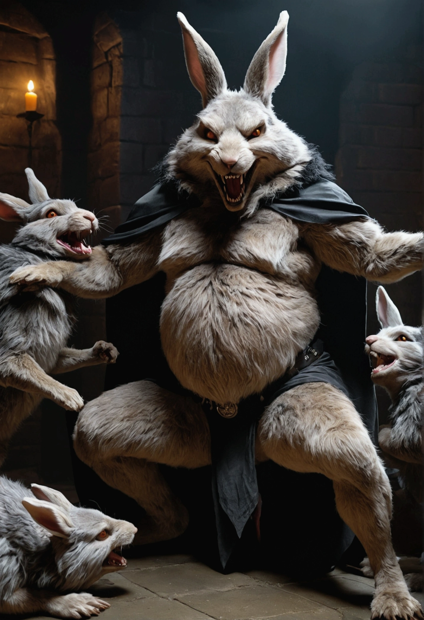 Crowd of anthropomorphic rabbits dressed as scary witches. Rabbits are tickling werewolf's belly. werewolf is lying flat on his back spread eagle. They dance next to the large and bloated belly of a shocked werewolf who is restrained to the ground. photo realistic style. dark medieval dungeon. Rabbits love to tug on the fur tuft located in-between werewolf's groin. side view. Full body shot of werewolf. Werewolf belly focus. Correct anatomy.