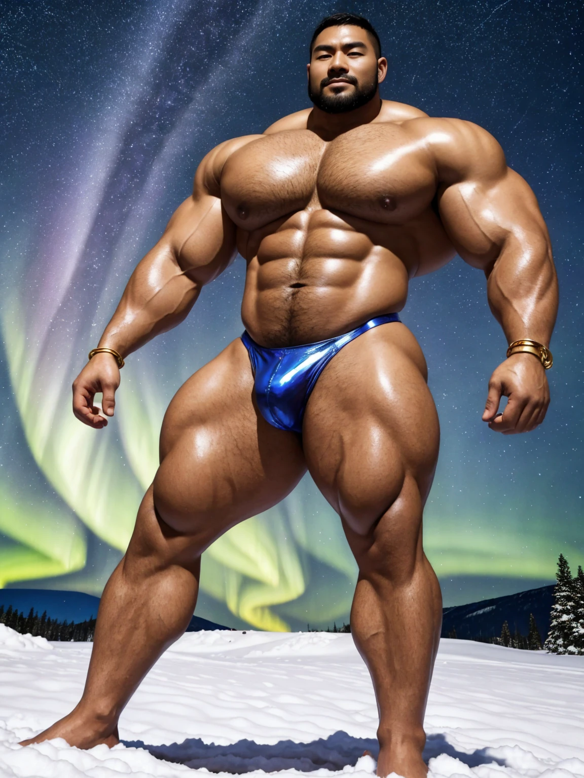 There is only one handsome Chinese man in the photo，35 years old，tall, Fitness，Smooth body，Smooth skin，No chest hair，short hair, O-Shaped Beard，Perfect body, Dark skin color，Radiant Skin，Smooth skin，Shiny, shiny skin，Smooth pectoral muscles，Muscle bulge, muscular, Very large pectoral muscles，Very sexy abdominal muscles，Very well-developed leg muscles，Huge concave and convex area，Brightens oily skin，Wearing a shiny gold leather thong，Handsome face，Normal human toes，Correct and accurate male body proportions，Gold Collar，Gold bracelet，Gold anklets，Standing in the snow，Night sky，A sky full of stars，There are auroras，Colorful，Charming dream scene，Epic。
