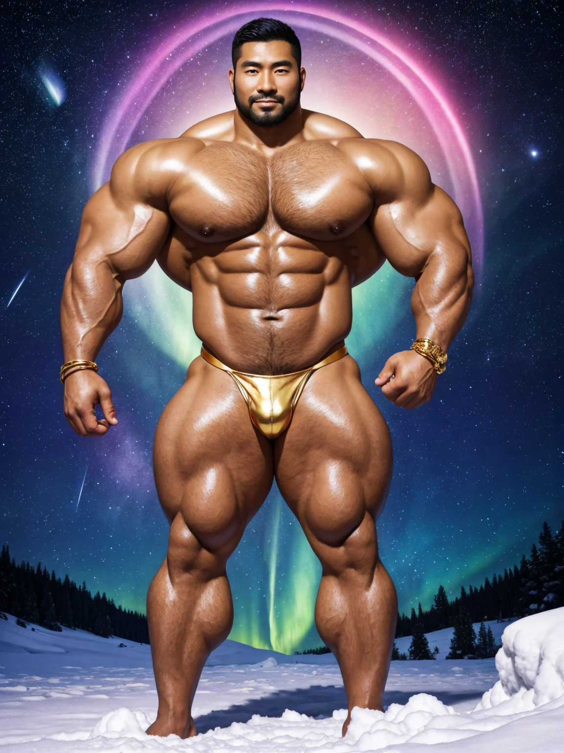There is only one handsome Chinese man in the photo,35 years old,tall, Fitness,Smooth body,Smooth skin,No chest hair,short hair, O-Shaped Beard,Perfect body, Dark skin color,Radiant Skin,Smooth skin,Shiny, shiny skin,Smooth pectoral muscles,Muscle bulge, muscular, Very large pectoral muscles,Very sexy abdominal muscles,Very well-developed leg muscles,Huge concave and convex area,Brightens oily skin,Wearing a shiny gold leather thong,Handsome face,Normal human toes,Correct and accurate male body proportions,Gold Collar,Gold bracelet,Gold anklets,Standing in the snow,Night sky,A sky full of stars,There are auroras,Colorful,Charming dream scene,Epic。