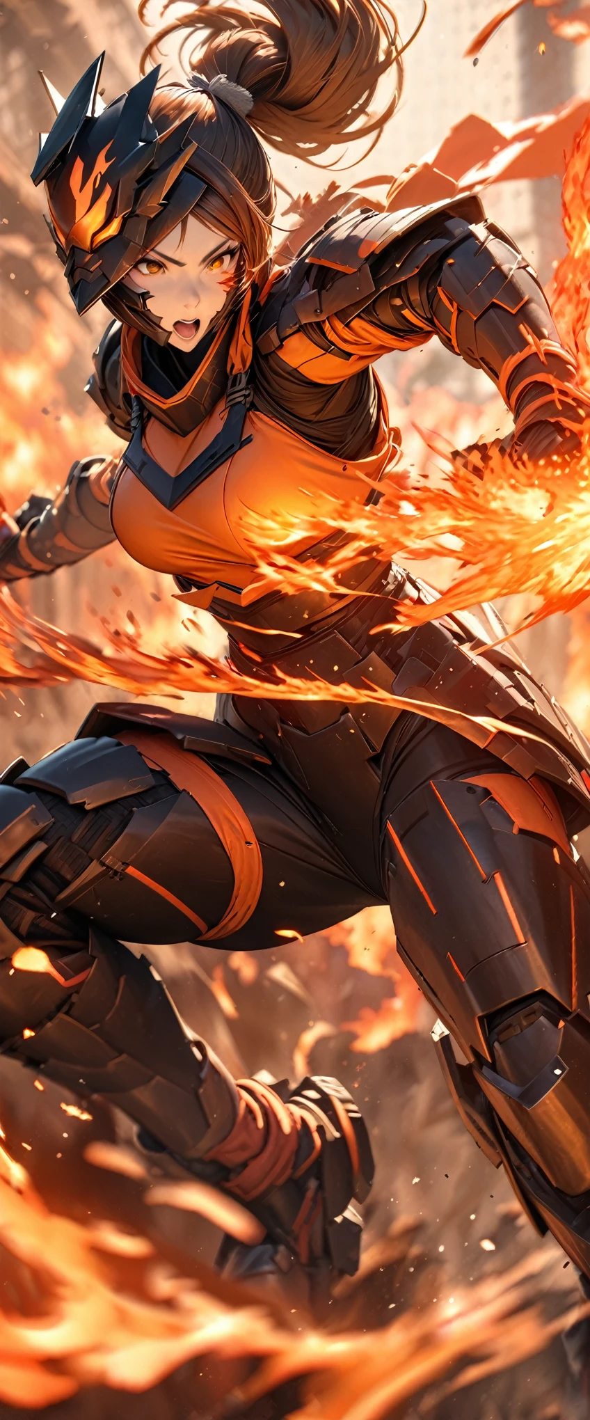 (masterpiece),(Highest quality),(High resolution),(Very detailed),8k,wallpaper,(Armored Core Style),Woman in ninja robot armor,ponytail,(Fire Ninja),(Orange body),(Detailed face),(Detailed body),(The background is a raging fire),(Use fire ninjutsu:1.5),(action shot),(Dynamic ninja movements)