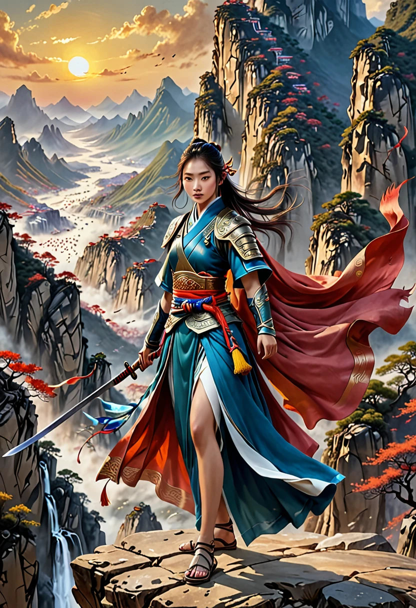 1girl Chinese warrior wearing ancient royal regalia with long shawl flowing(flowing:1.5) and standing at the edge of the clift, epic standing stance, one leg in front of other leg, long sword(sword:1.0)in the right hand, banner(banner:1.0)in the left hand, mountains scenery(scenery:0.8), a bunch of ancient soldiers seem from a far, epic realism, dramatic scene, super detailed, best quality wallpaper, 8k, sharp focus on 1girl, sunset color back ground