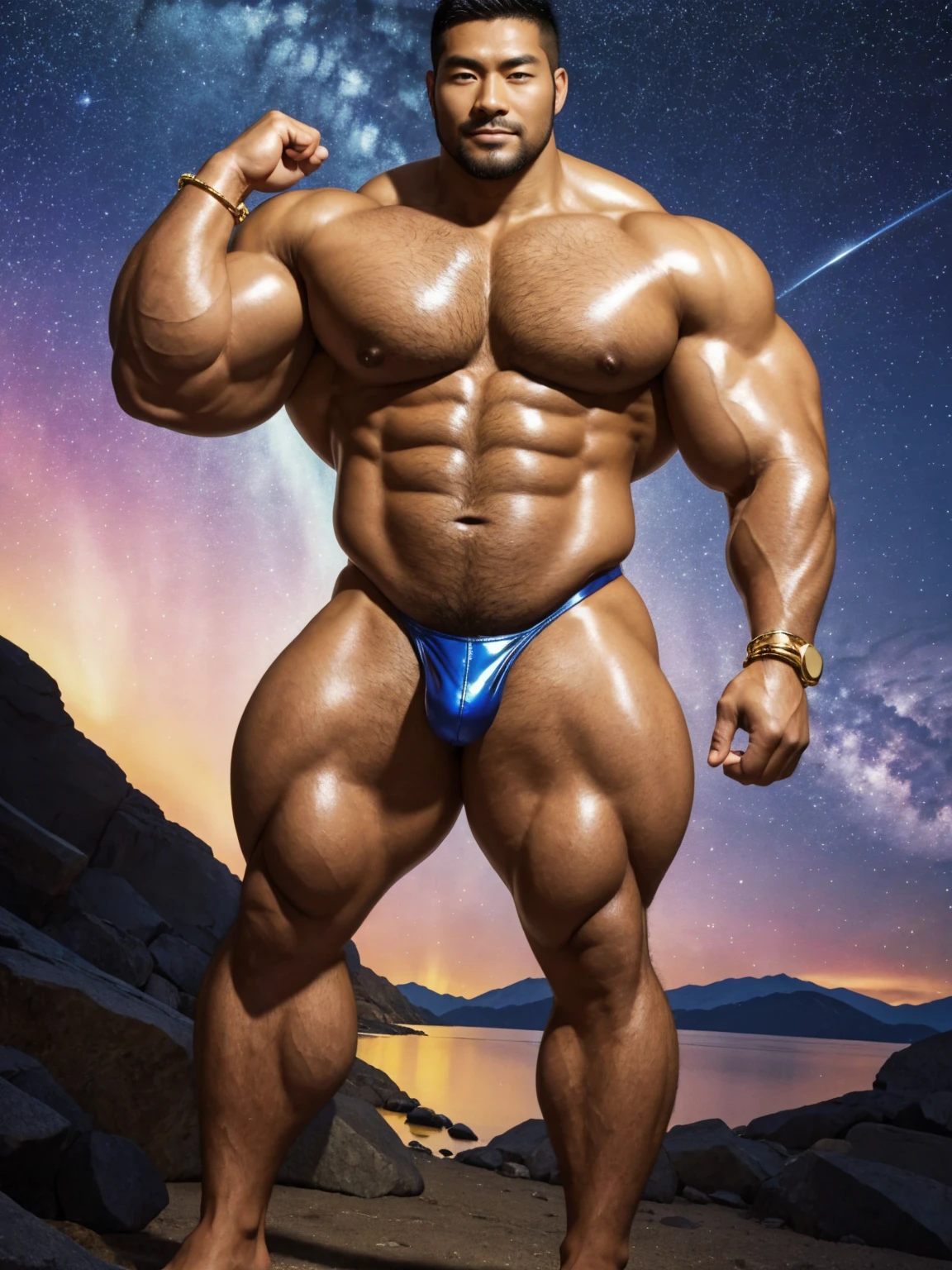 There is only one handsome Chinese man in the photo,35 years old,tall, Fitness,Smooth body,Smooth skin,No chest hair,short hair, O-Shaped Beard,Perfect body, Dark skin color,Radiant Skin,Smooth skin,Shiny, shiny skin,Smooth pectoral muscles,Muscle bulge, muscular, Very large pectoral muscles,Very sexy abdominal muscles,Very well-developed leg muscles,Huge concave and convex area,Brightens oily skin,Wearing a shiny gold leather thong,Handsome face,Normal human toes,Correct and accurate male body proportions,Gold Collar,Gold bracelet,Gold anklets,Standing in the snow,Night sky,A sky full of stars,There are auroras,Colorful,Charming dream scene,Epic。