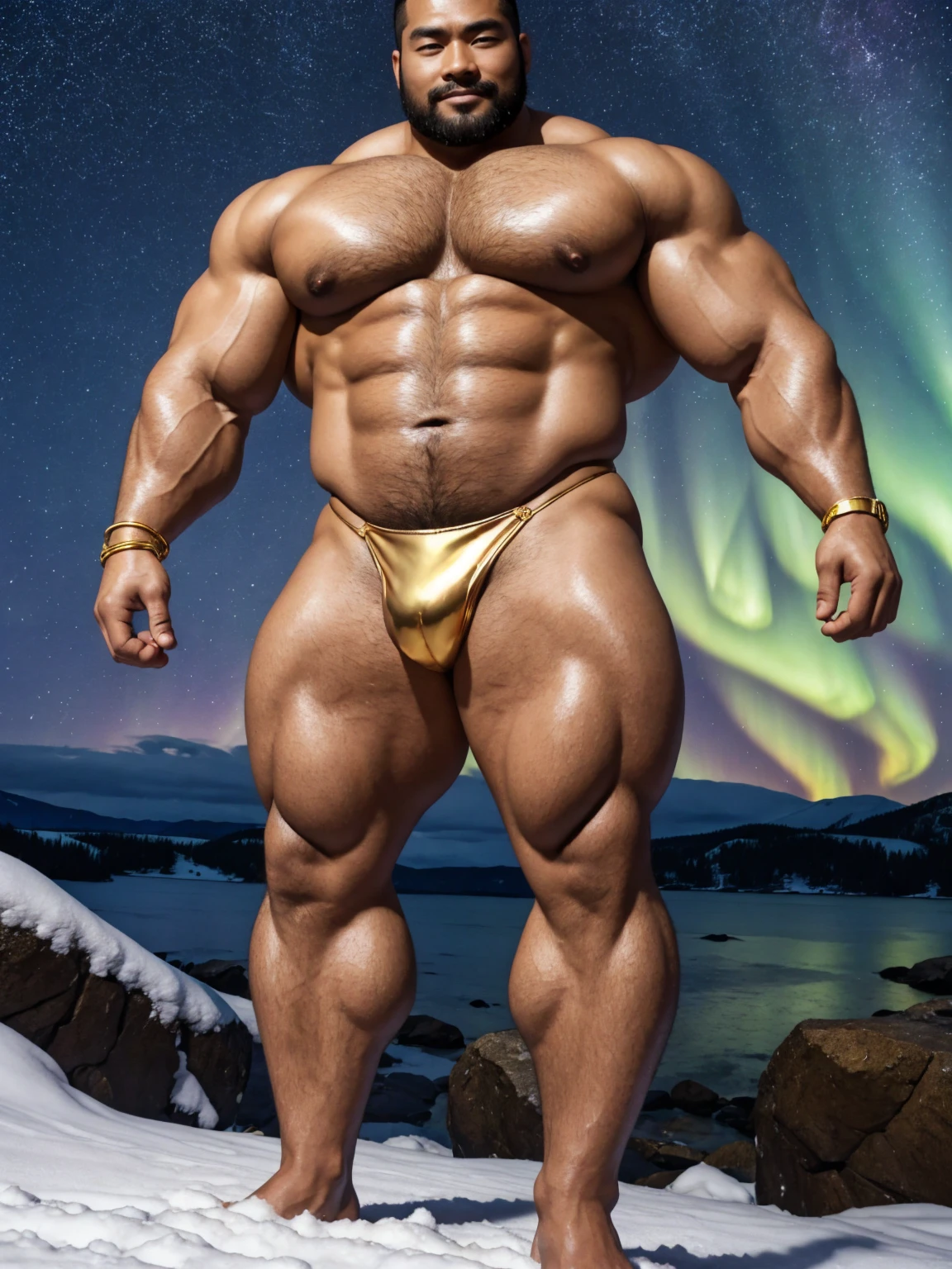 There is only one handsome Chinese man in the photo,35 years old,tall, Fitness,Smooth body,Smooth skin,No chest hair,short hair, O-Shaped Beard,Perfect body, Dark skin color,Radiant Skin,Smooth skin,Shiny, shiny skin,Smooth pectoral muscles,Muscle bulge, muscular, Very large pectoral muscles,Very sexy abdominal muscles,Very well-developed leg muscles,Huge concave and convex area,Brightens oily skin,Wearing a shiny gold leather thong,Handsome face,Normal human toes,Correct and accurate male body proportions,Gold Collar,Gold bracelet,Gold anklets,Standing in the snow,Night sky,A sky full of stars,There are auroras,Colorful,Charming dream scene,Epic。