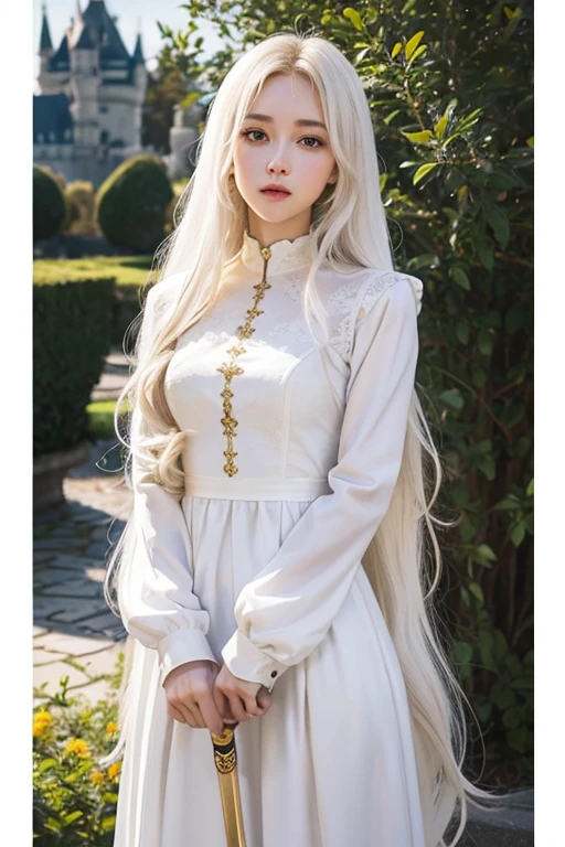 , Lovely, very long hair, White color, completely curly, slim, flat bust, with punches on the face, yellow victorian dress, whole body, in the castle garden, at night, holding a sword in his hand.