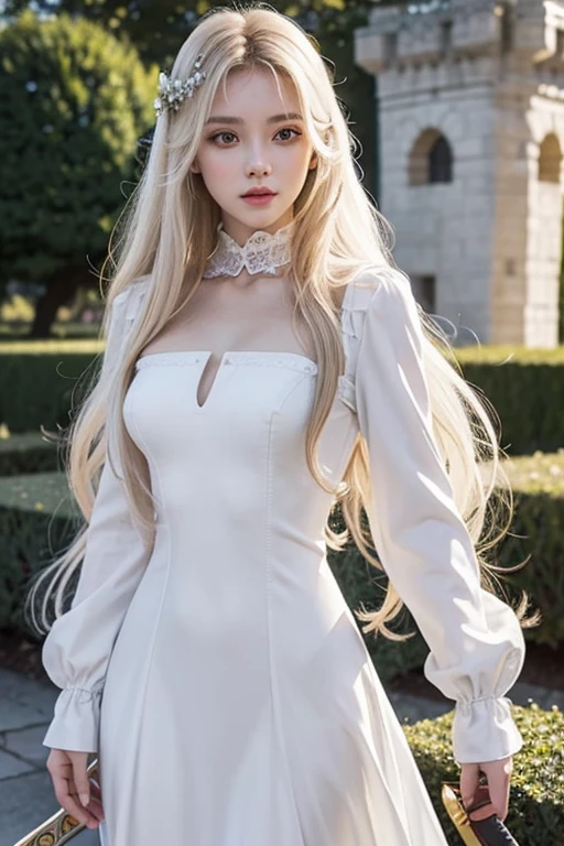 , Lovely, very long hair, White color, completely curly, slim, flat bust, with punches on the face, yellow victorian dress, whole body, in the castle garden, at night, holding a sword in his hand.