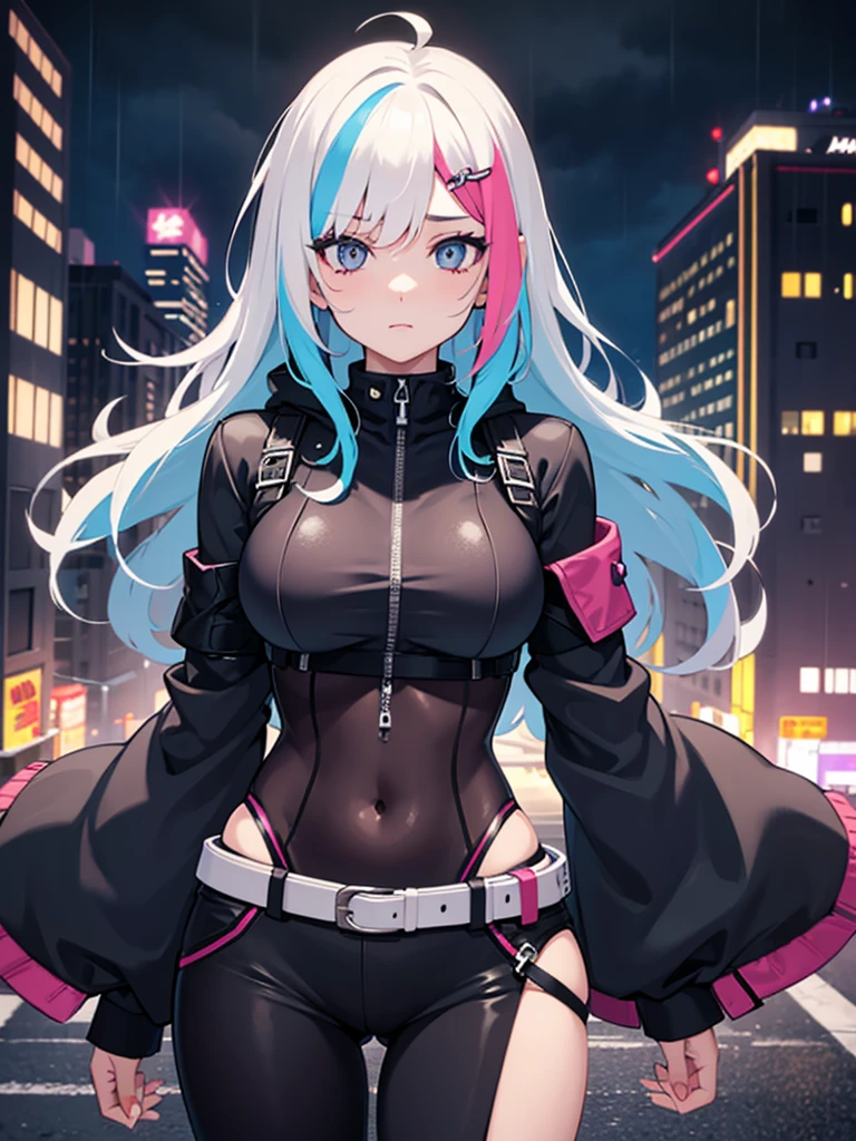 Portraiture, 1 girl, Beautiful Face, Asymmetrical hair, Multi-coloured hair, belt, Bodysuits, Covered my mouth, Covered navel, Removable sleeves, Grey Eyes, Hip vents, Open jacket, cute, View the viewer, City of night, neon, Rainy,