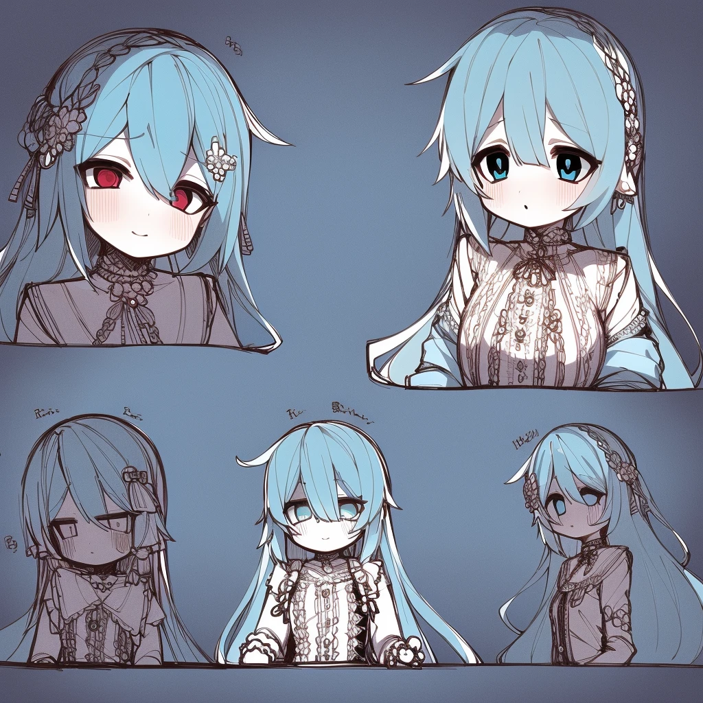 masterpiece, best quality, extremely detailed, (illustration, official art:1.1), 1 girl ,(((( light blue long hair)))), ,(((( light blue long hair)))),light blue hair, , long hair ((blush)) , cute face, big eyes, masterpiece, best quality,(((((a very delicate and beautiful girl))))),Amazing,beautiful detailed eyes,blunt bangs((((little delicate girl)))),tareme(true beautiful:1.2), sense of depth,dynamic angle,,,, affectionate smile, (true beautiful:1.2),,(tiny 1girl model:1.2),)(flat chest) ,2 d anime style, anime moe art style, Jazz & Sublime, cute art style, Anime-style illustration, anime girl, Author: Kamagurka, in Pixiv, pixiv style, pixiv, in anime style, anime art style, Full Body Commission, 1girl, ctcas, Cowboy shot, Character Reference Sheet, The same character, full bodyesbian, Full of Details, multiple poss and expressions,  (Character Sheet:1.2),full - body