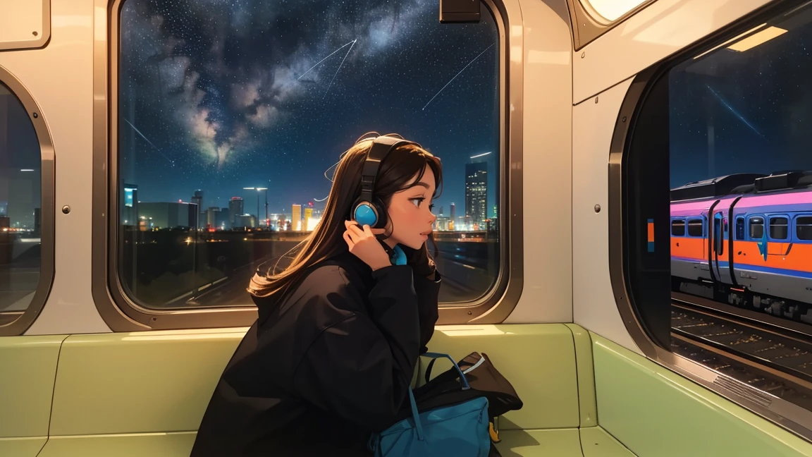 train, Sit by the window, Adopt a pensive posture, Stargazing, His head was stuck in the glass, Put on your headphones, Scenery passing by at high speed, Night Travel, Beautiful starry sky, beautiful girl, UHD Portrait, (high quality) (Super detailed) Observation of viewers wearing hip-hop street fashion; different, colorful, Long hair in color 🌈