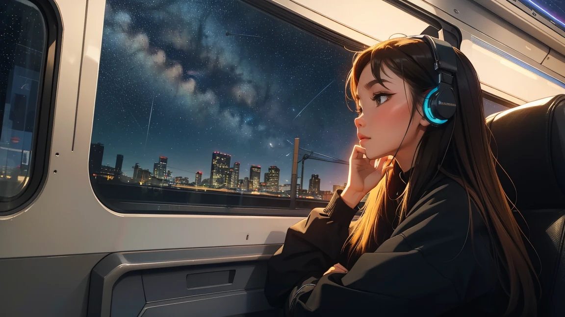 train, Sit by the window, Adopt a pensive posture, Stargazing, His head was stuck in the glass, Put on your headphones, Scenery passing by at high speed, Night Travel, Beautiful starry sky, beautiful girl, UHD Portrait, (high quality) (Super detailed) Observation of viewers wearing hip-hop street fashion; different, colorful, Long hair in color 🌈