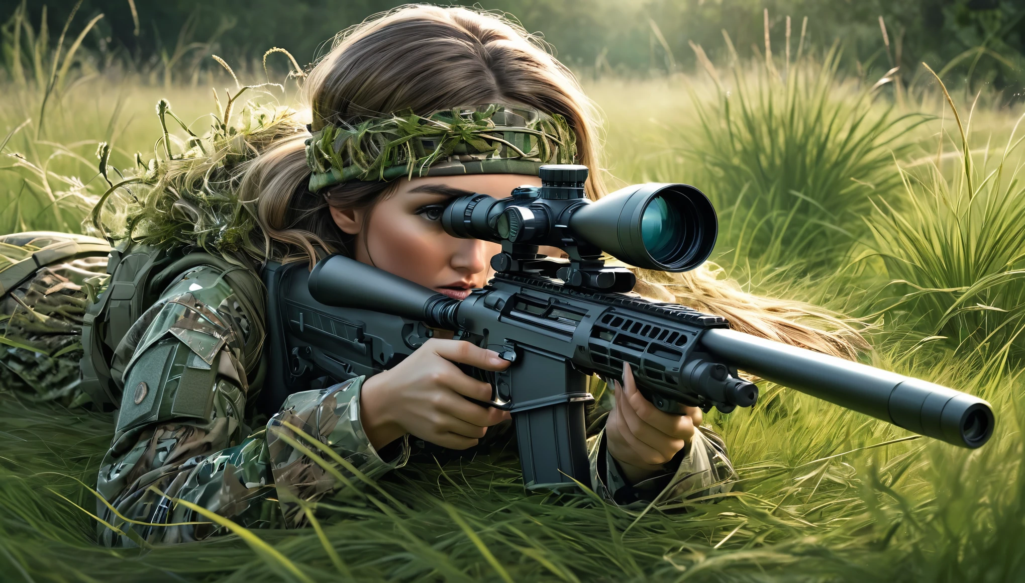 An illustration of a female sniper in a ghillie suit lying face down with a sniper rifle in the grass, peering through the scope; a large sniper rifle that is almost the same height as the sniper; a sniper rifle with an intricate detailed luminescence pattern; an oversized scope; a bipod;, best composition, Masterpiece, Best Quality, high Detailes, intricate details, intricate detail texture,