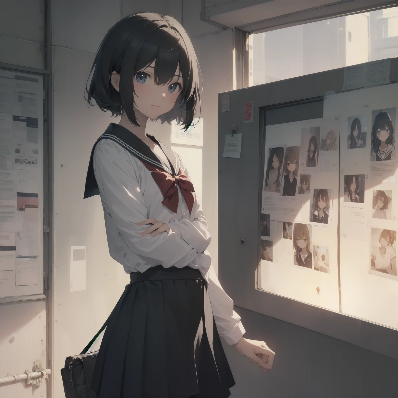 ultra-absurdres-Top quality by artist God, ultra-detailed, high resolution, anime moe artstyle, best anime 8k konachan wallpaper, pixiv contest winner, pool:2810, perfect anatomy,break, 1girl, (Please draw a girl walking sleepily to school alone. )break,(Solo,little female, 13-year-old:1.3),Full limbs, complete fingers,a junior high school student, (very short hair), short cut, flat chest, , small butt, small black eyes, beautiful detailed eyes, well-proportioned iris and pupils, expressive eyes, highres detailed hair, soft expression, salor school_uniform, sailor collar, serahuku, bow, pleated skirt,(Detailed Lighting), (Detailed background), in the School commute route. break,super detailed skin, Best cinematic lighting powered by famous artist, 8k,beauty illustration,photoshop_(medium),very aesthetic,break,((artist:yuuhagi_(amaretto-no-natsu) )), artist:clamp ,artist:carnelian ,artist:kantoku ,