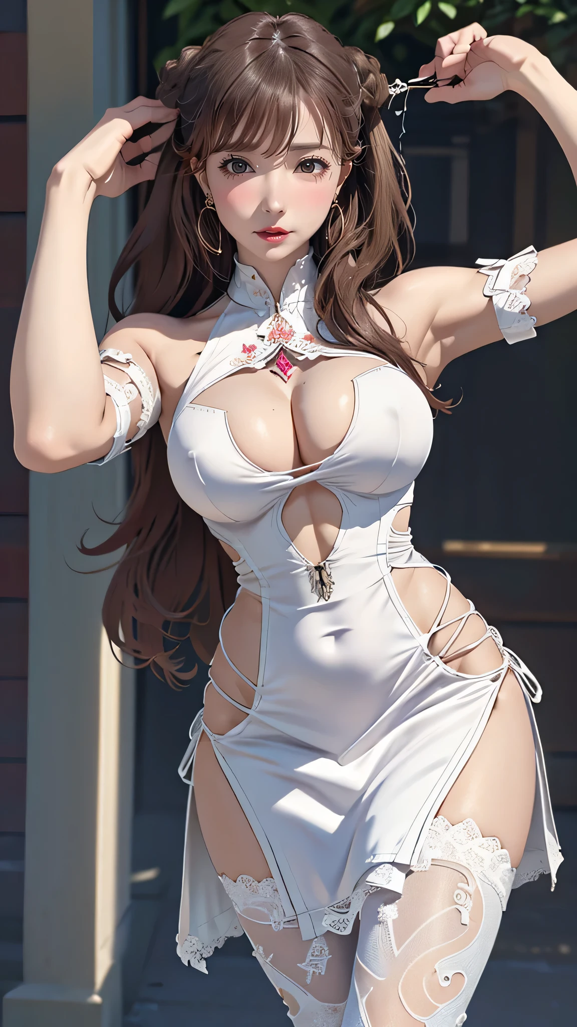 (dynamic fighting pose),(leather boots,(asymmetrical mecha armor),(long embroidered white lace dress,see through,lift up the hem of the dress)),(random hairstyle),(Thin type:1.8),(large breasts),(Highest image quality,(8K), Ultra-realistic, Best Quality, High quality, High Definition, high quality texture, high detailing, Beautiful detailed, fine detailed, extremely details CG, Detailed texture, realistic representation of face, masterpiece, presence)