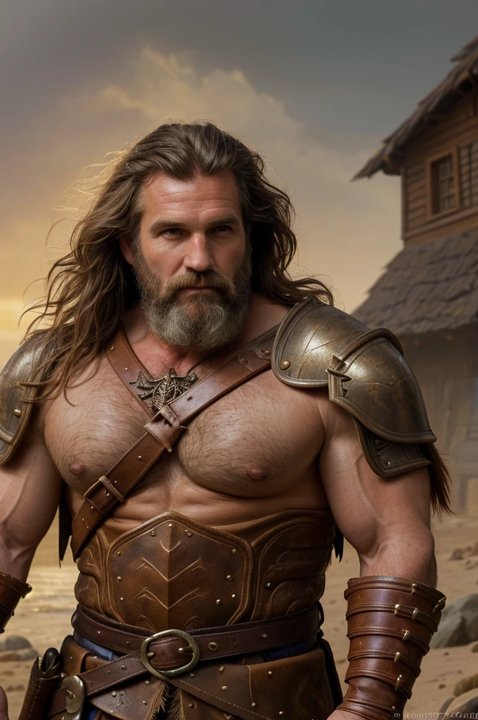 portrait of a ruggedly handsome paladin, soft hair, muscular, half body, masculine, mature, salt and pepper hair, leather, hairy, d & d, fantasy, intricate, elegant, highly detailed, digital painting, artstation, concept art, smooth, sharp focus, illustration, art by artgerm and greg rutkowski and alphonse mucha