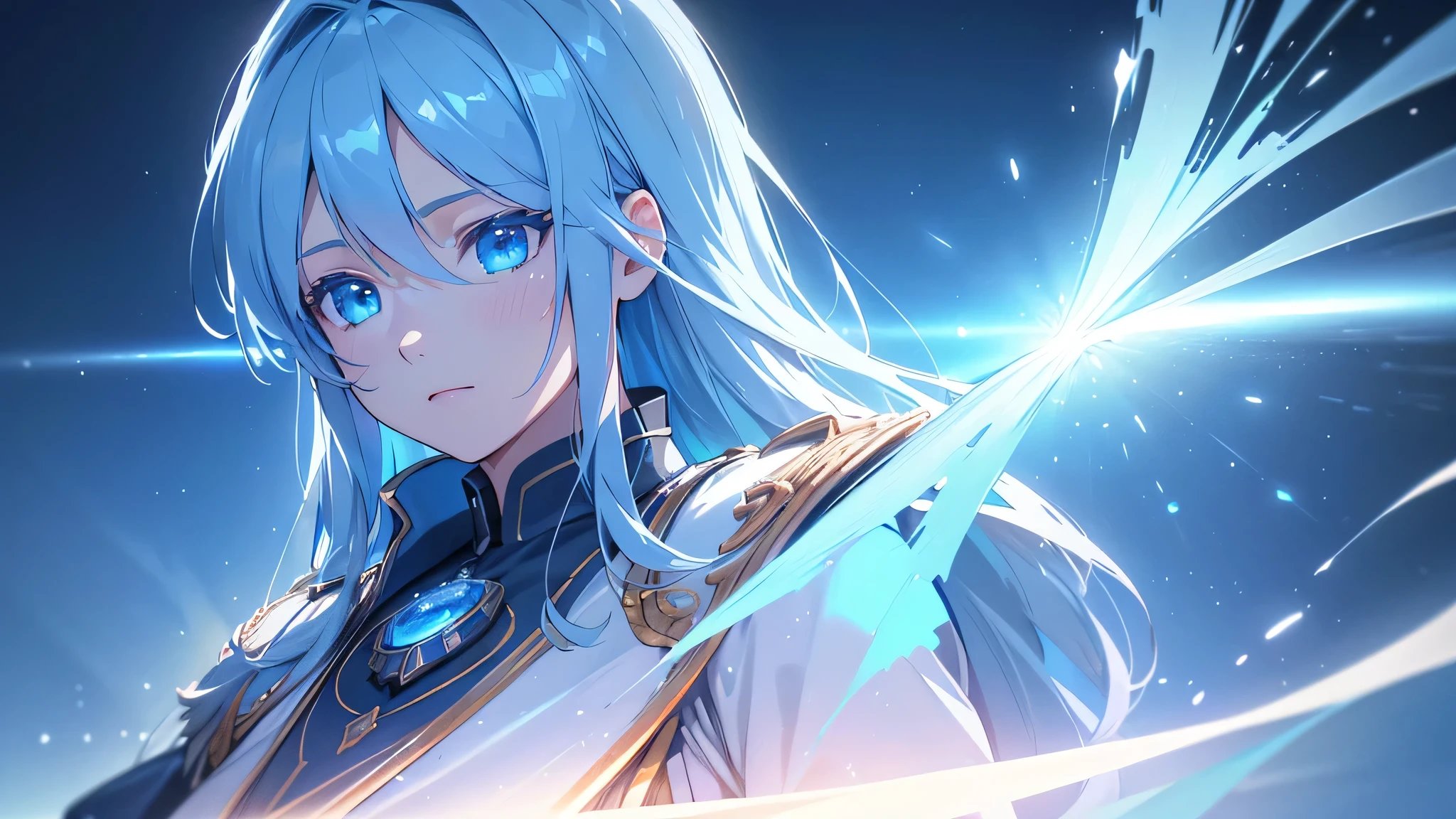 a beautiful detailed blue deity, striking sky blue eyes, detailed blue military uniform, vast blue sky, calm blue ocean, shimmering particles of light, (best quality,4k,8k,highres,masterpiece:1.2),ultra-detailed,(realistic,photorealistic,photo-realistic:1.37),cinematic lighting,dramatic atmosphere,vibrant colors,intricate details,exquisite digital art