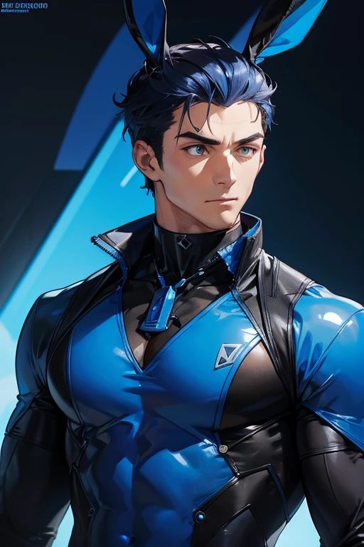 a man character with a blue rabbit head with a black futuristic chest piece